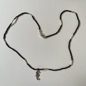 Handmade Necklace Silver Tone Sea Horse Black Bead Dainty Nautical Beach Womens